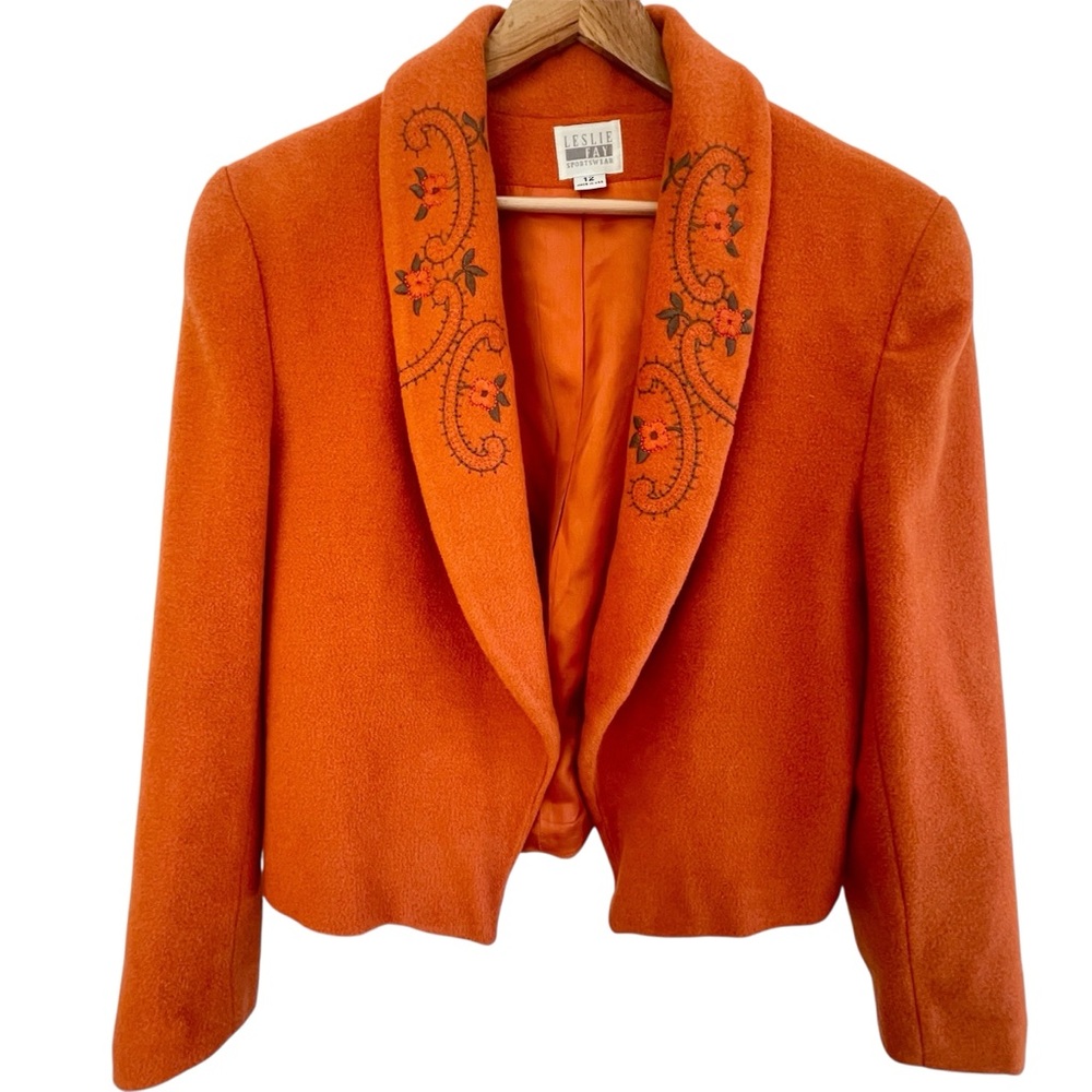 Vintage Orange Wool Blend Floral Embroidered Blazer Size M